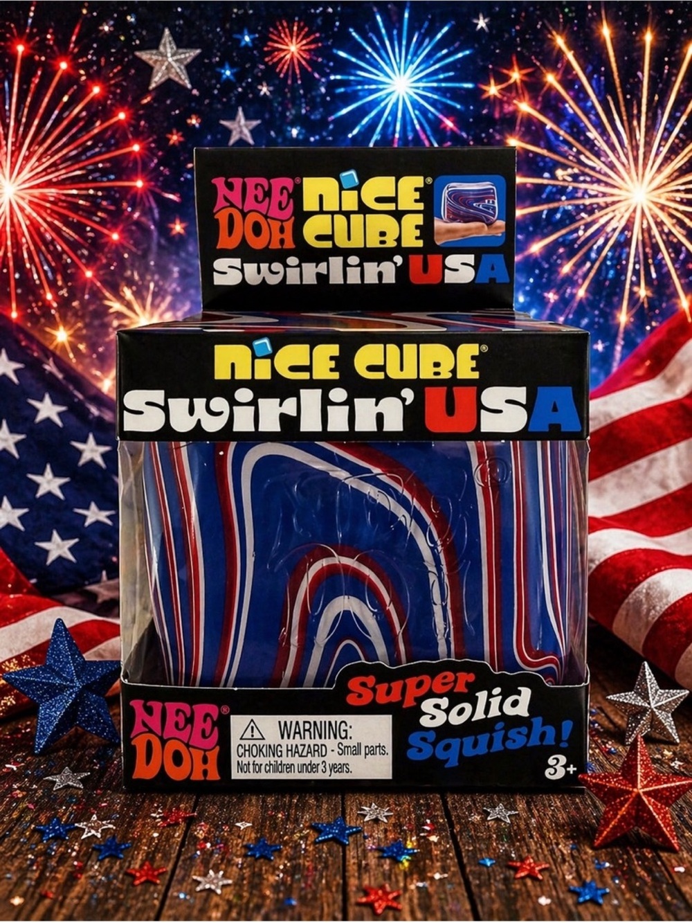 Needoh Nice Cube Swirl Swirlin' USA Super Solid Squish - Red, White & Blue